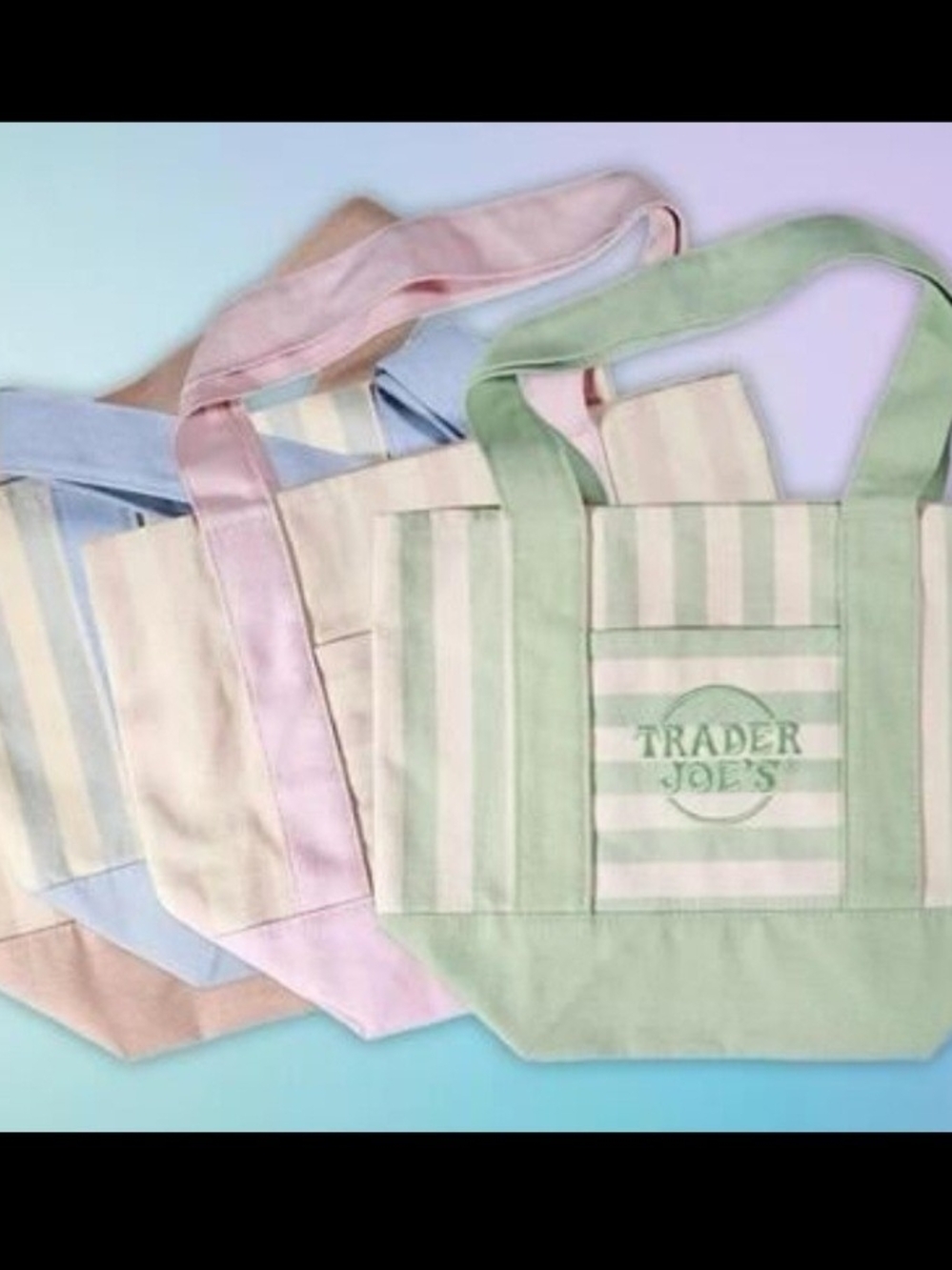 Trader Joe's Pastel Stripe Tote Bag Set- Green, Pink, Blue And Beige
